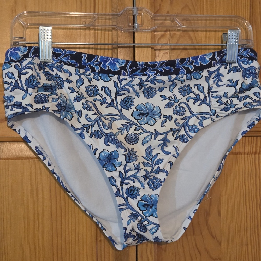 Tommy Bahama Woodblock Blossoms High Waist Bikini Bottom Blue Sz Medium